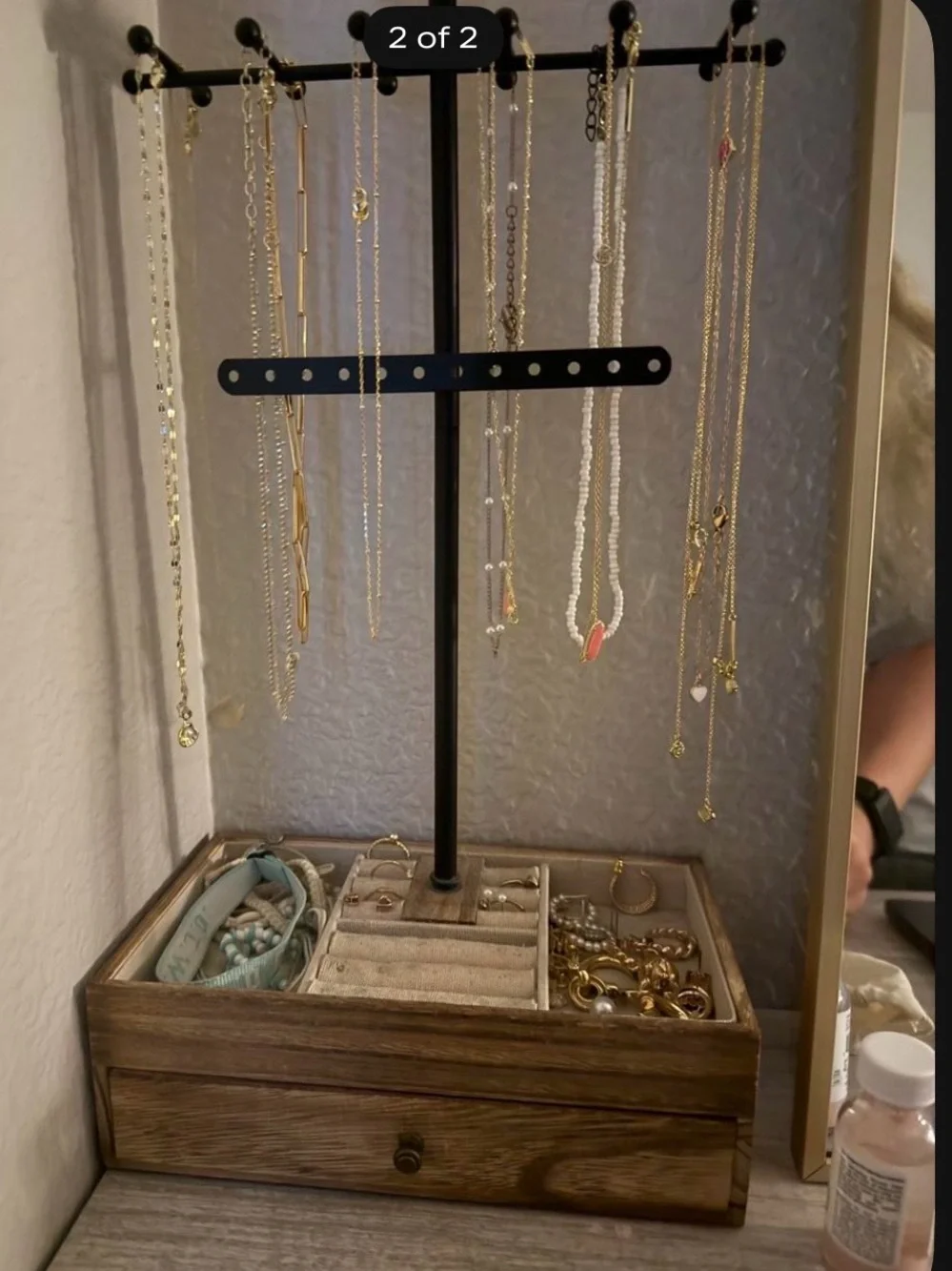 Wood Jewelry Organizer Tower with Black Metal Stand - Brown and Cream